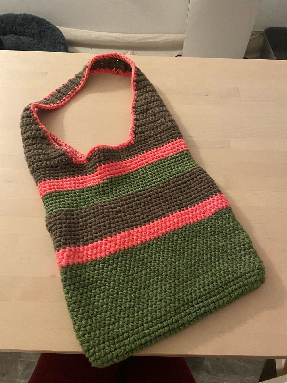 Handmade Crochet Shoulder Bag in Green, Brown and Coral Pink